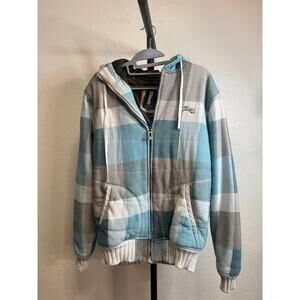 Billabong Size Large Plaid Zipper Hooded Jacket Faux Fur Y2K